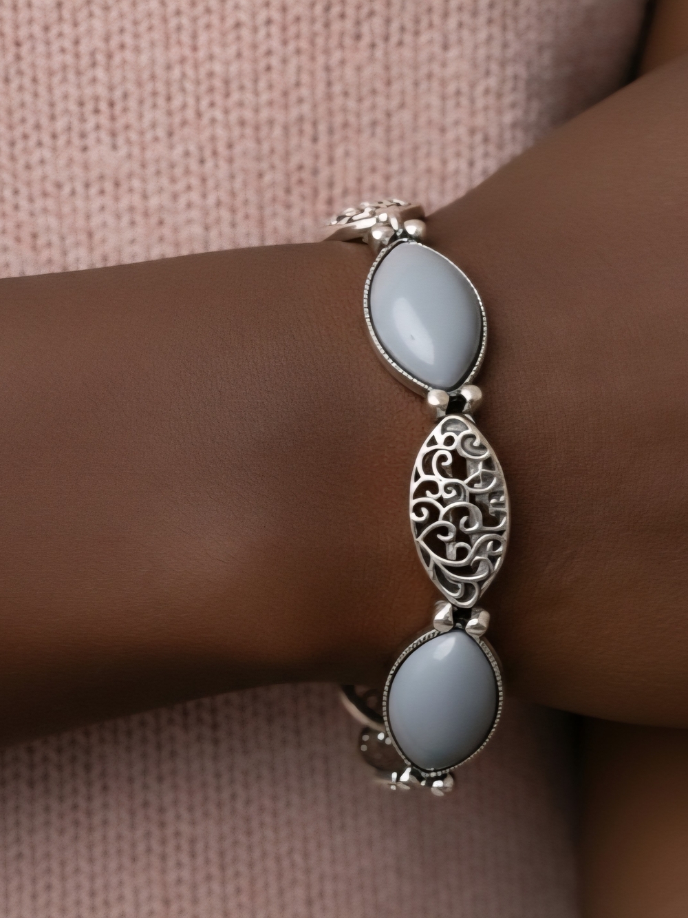 Garden Rendezvous Silver And Gray Beaded Stretch Bracelet